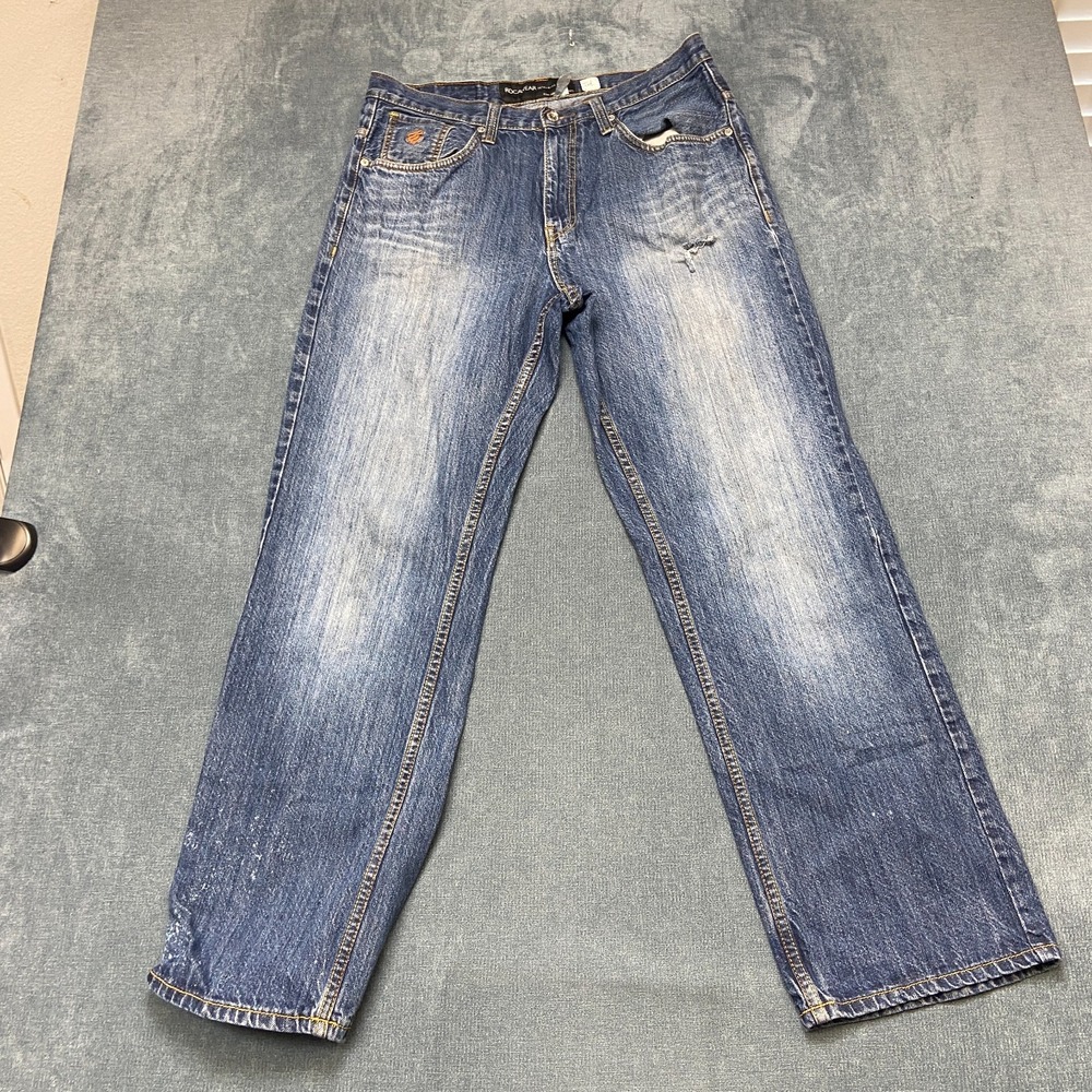Rocawear Regular Fit Straight Jeans Mens 34 Blue Denim Cotton Distressed Zip Fly